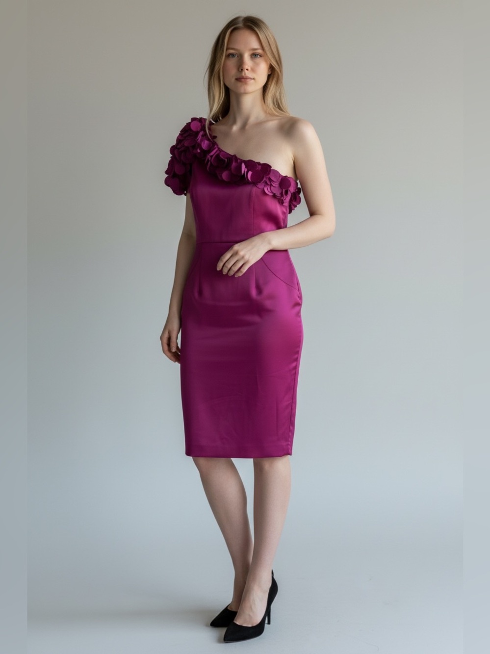 Rene Ruiz One-Shoulder Magenta Floral-AppliquƩ Sheath Dress size 10